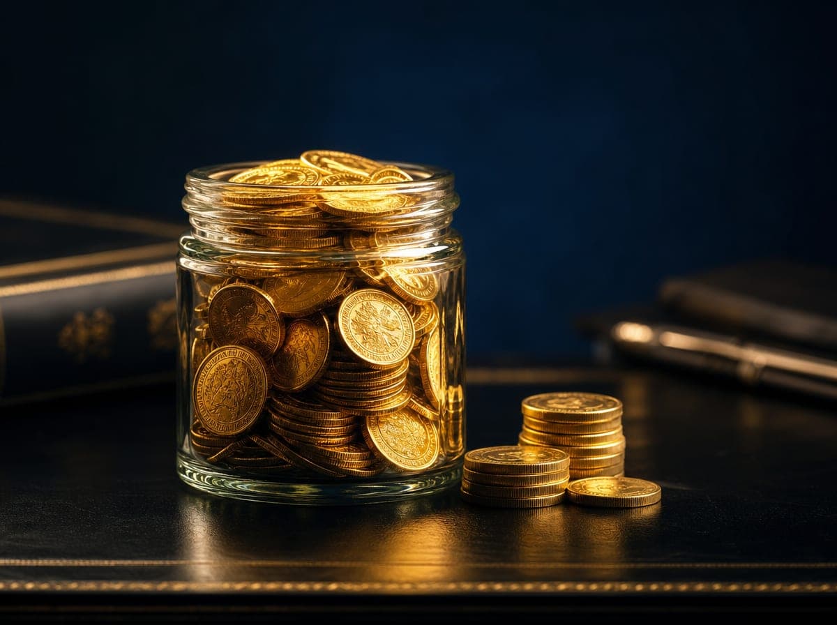 Frasco de vidrio lleno de monedas de oro