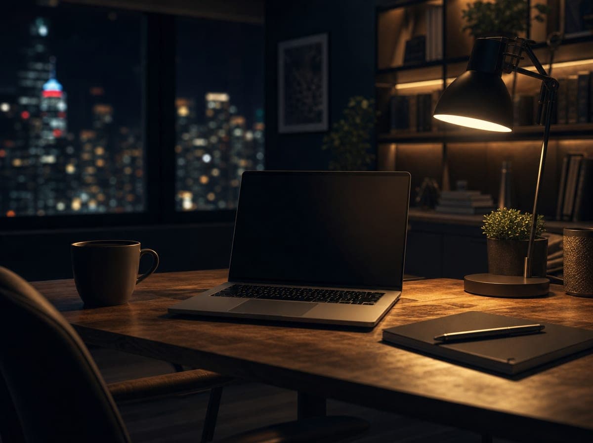 Escritorio de trabajo en casa iluminado de noche
